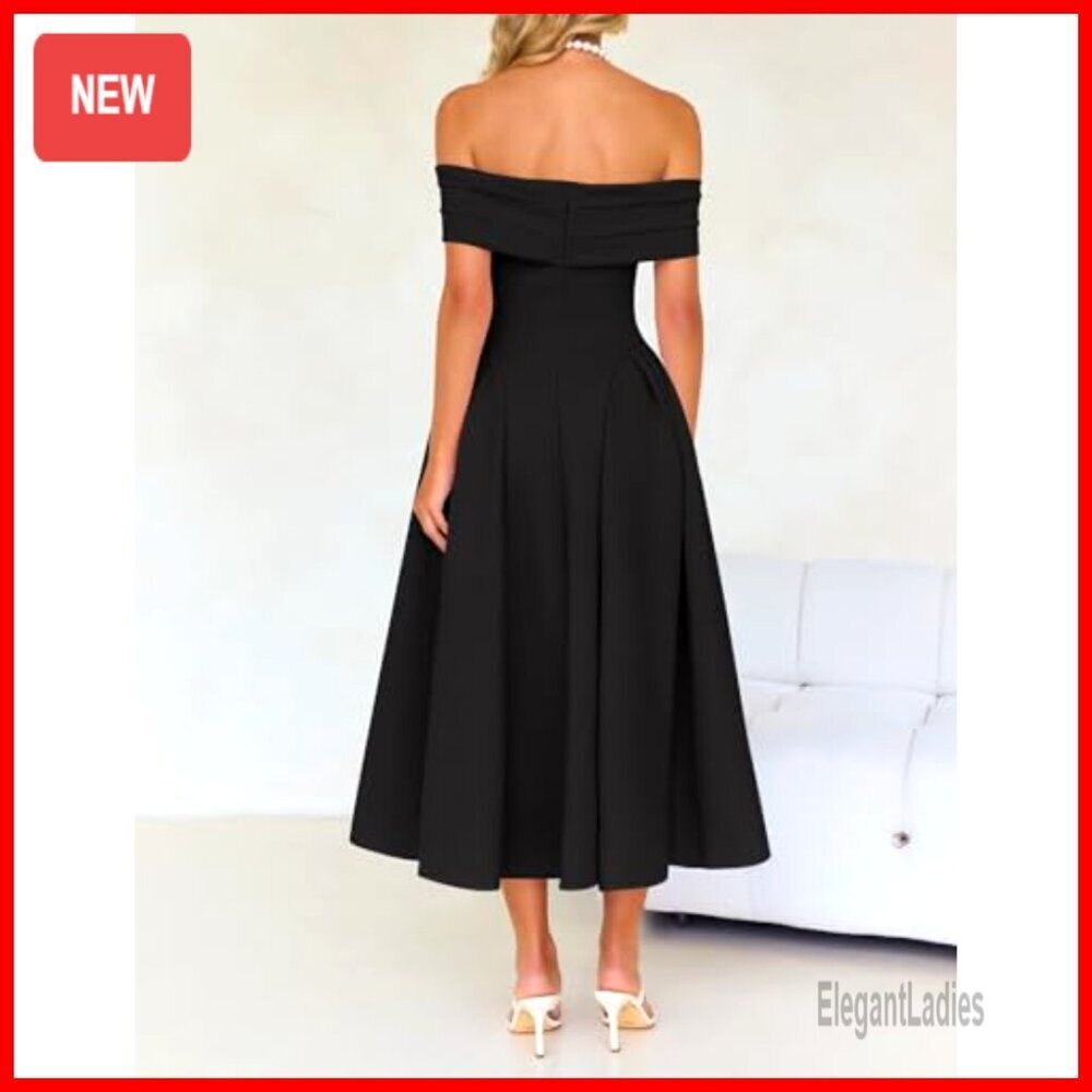 Off Shoulder Short Sleeve Midi Dress Formal Evening Party Swing A Line - Picture 4 of 7